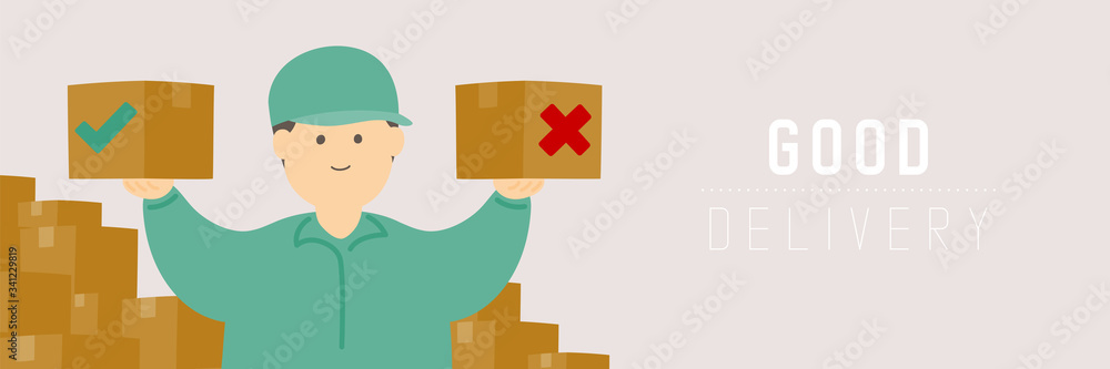 Good delivery man checking goods box, Social distancing keep distance to protection COVID-19 outbreak stay at home online shopping concept poster or banner illustration on background, copy space Good delivery man checking goods box, Social distancing keep distance to protection COVID-19 outbreak stay at home online shopping concept poster or banner illustration on background, copy space