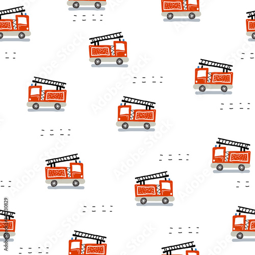 seamless pattern with cartoon fire engines, decor elements. Colorful vector flat style for kids. hand drawing. baby design for fabric, print, wrapper, textile