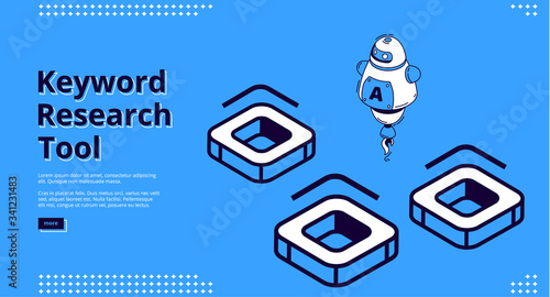 Keyword research tool banner with isometric icons on blue background. Vector landing page of SEO optimization service with line art robot, chatbot with artificial intelligence