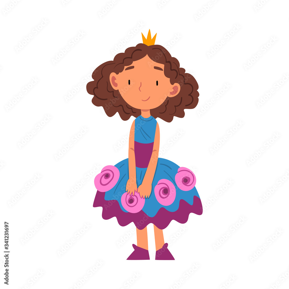 Girl Dressed as Princess, Cute Kid Playing Dress Up Game Cartoon Vector