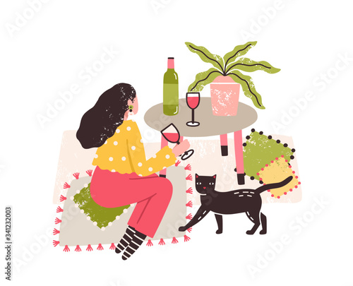 Independent girl drink wine alone sitting on floor at table vector flat illustration