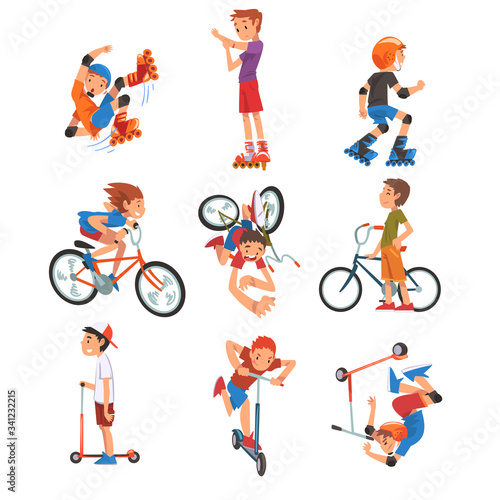 Boys and Girls Riding Kick Scooter Set, Bicycle, Rollerblades, Eco Transport for Children, Summer Outdoor Activities Cartoon Vector Illustration