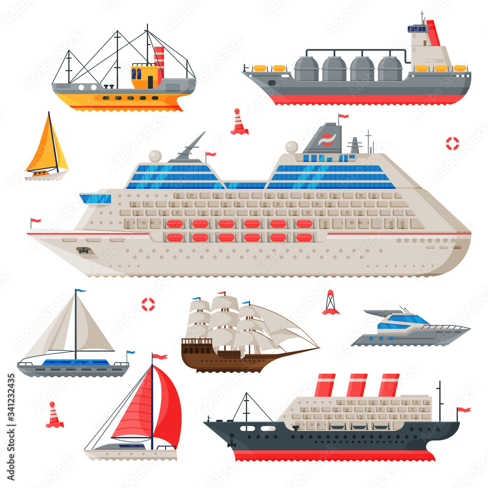 Fototapeta premium Water Transport Collection, Fishing Boat, Cruise Liner, Sailboat, Vintage Sailing Ship, Motorboat, Sea or Ocean Transportation Vector Illustration