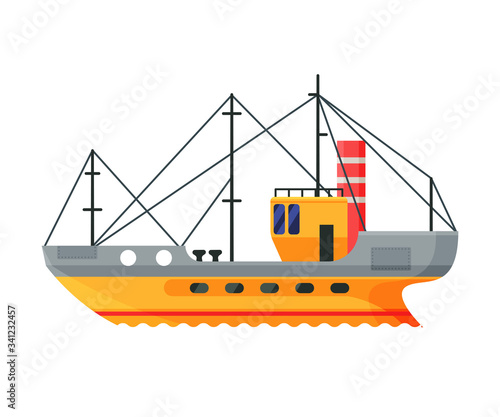 Fishing Boats, Commercial Fishing Trawler, Industrial Seafood Production, Water Transport, Sea or Ocean Transportation Vector Illustration