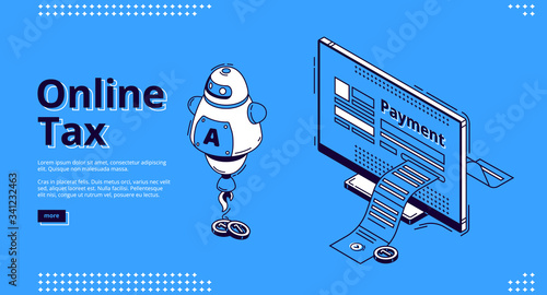 Online tax banner. Digital payment concept. Vector landing page of electronic finance, digital transaction with isometric icon of computer monitor with receipt and assistant chatbot