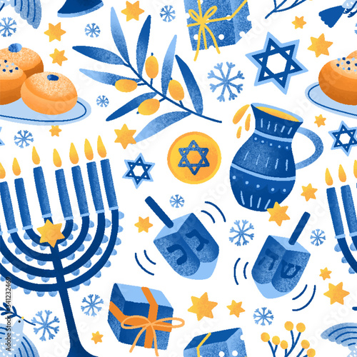 Photography Cartoon decorative elements of Jewish holiday Hanukkah seamless pattern