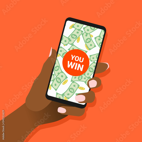 African female hand hold smartphone with you win message on screen. Afro-american woman show phone with banknotes and coins on display. Winning concept for online gambling. Vector EPS8 illustration.