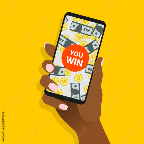 African female hand hold smartphone with you win message on screen. Afro-american woman show phone with banknotes and coins on display. Winning concept for online gambling. Vector EPS8 illustration.