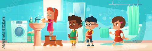 Kids washing hands, children in queue at home bathroom waiting handwashing procedure. Little girl standing on wooden pedestal lather palms with soap, boys wait in line. Cartoon vector illustration