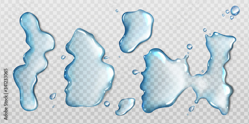 Wallpaper Mural Water spill puddles top view set, aqua liquid splashes with scattered drops