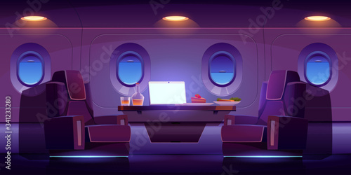 Private jet plane interior, luxury airplane cabin inside view with cozy seats, table, laptop, meal and alcohol drink. Illuminated dark business class empty salon aisle, Cartoon vector illustration