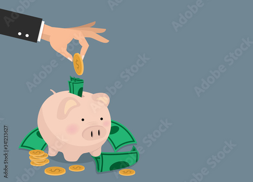 Hand putting coin with Piggy bank money savings concept photo
