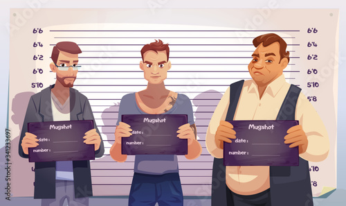 Criminals with mugshot plates in hands stand on measuring height scale background in police station. Arrested men gangsters posing for identification mug shot front photo. Cartoon vector illustration