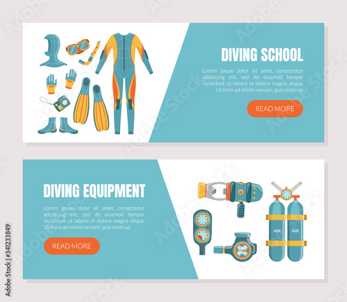 Diving Equipment and School Landing Page Templates Set, Scuba Diving Water Active Sport Vector Illustration