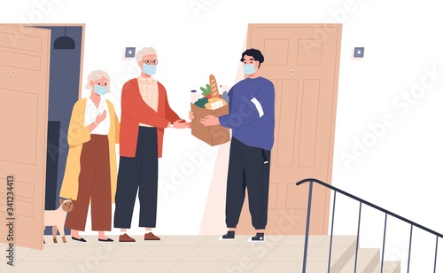 Elderly couple in face masks receiving a bag of products from delivery man. Volunteer taking care of senior family during virus outbreak. Shopping help. Vector illustration in flat cartoon style