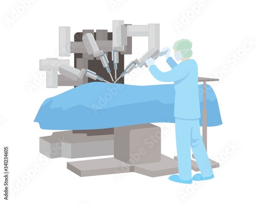 Robotic surgery or computer assisted operation concept. Liver Operation on Screen. Robot in Remote Medicine. Doctors Use Industrial AI. Futuristic Medicine Clinic. vector illustration isolated cartoon