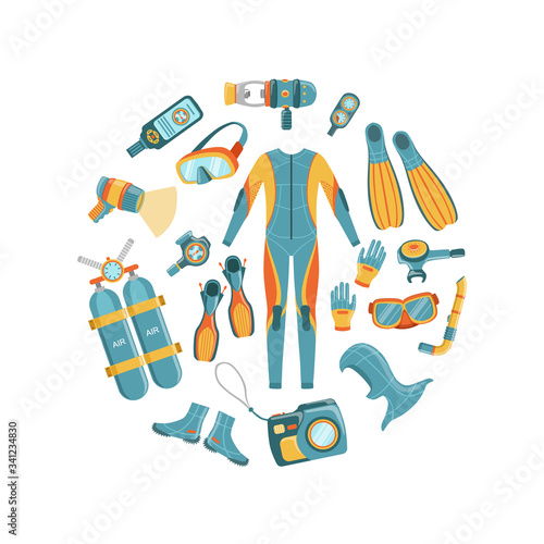 Scuba Diving Banner Template with Professional Equipment Seamless Pattern of Round Shape, Water Active Sport, Summer Vacation Vector Illustration