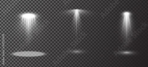 Vector set of scene spotlights isolated on transparent background. Stage light sources collection. Design of light effects for your project.