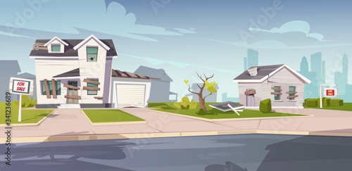 Abandoned houses for sale, crashed cottages with boarded up and broken windows, cracked walls and signboards on front yard. Old ruined buildings in downtown suburb area. Cartoon vector illustration
