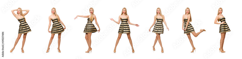 Beautiful girl in gold and black dress isolated on white Beautiful girl in gold and black dress isolated on white