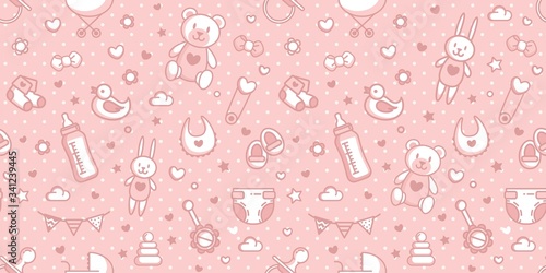 Baby Related Seamless Pattern In Pink Colors. Girly Vector Cartoon Illustration