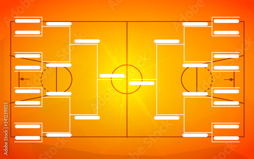 Tournament bracket template for 16 teams on orange basketball field background