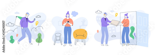 Delivery collection with customer and courier, making and receiving order via online application, series of scene illustrations of delivering steps, walking delivery man with backpack