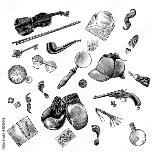 Quadro su tela Sherlock Holmes, England, scrapbooking, background, engraving, illustration, ink