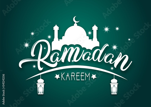 Ramadan Kareem islamic design, white mosque silhouette and two hanging lanterns, on a starry green background.