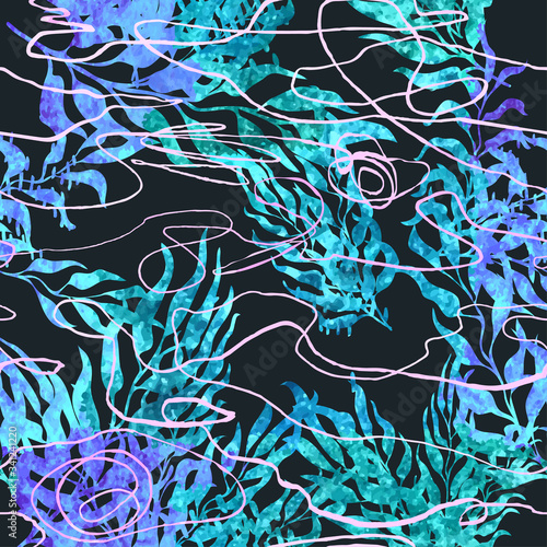 Vector seamless pattern with colorful illustration of exotic leaves. Use it for wallpaper, textile print, pattern fills, web page, surface textures, wrapping paper, design of presentation