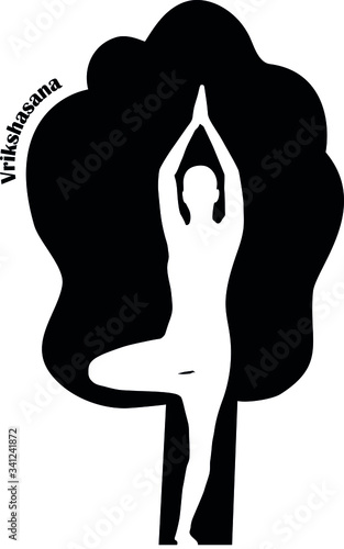 Yoga pose tree. Silhouette of asana Vrikshasana. Black on white background