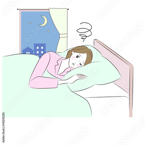Woman with insomnia. Sleepy female character who cant sleep, depressed person worried nightmares and lying bed with open eyes vector illustration. 