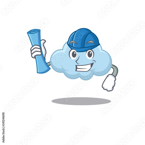 Cartoon character of blue cloud brainy Architect with blue prints and blue helmet