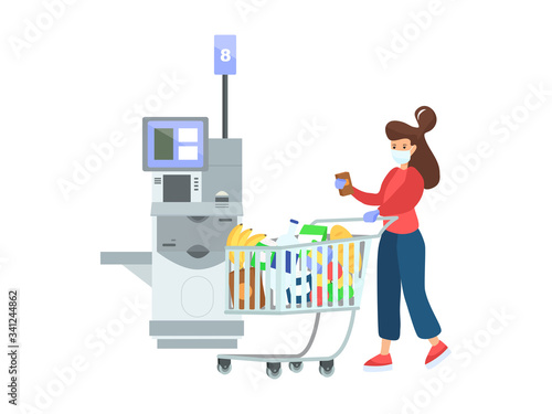 Young woman in medical mask and gloves with trolley full of food at the self-service counter. Safe shopping in supermarket. Quarantine coronavirus in the store pandemic precautions concept.
