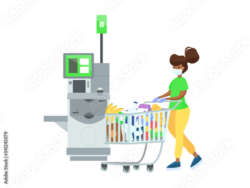 Young African American woman in medical mask and gloves with basket of food at self-service counter. Safe shopping in supermarket. Quarantine coronavirus in the store pandemic precautions concept.