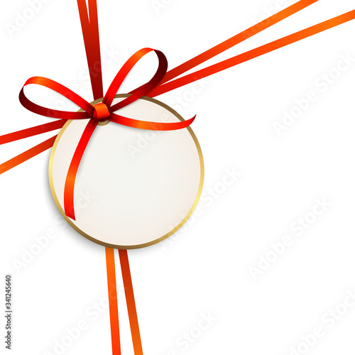 red colored ribbon bow with hang tag