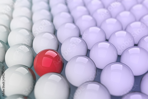 A brilliant red ball among white balls. Concept. 3D rendering. Graphic illustration.