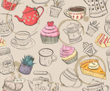 Seamless pattern with cakes, cups, coffee pots and teapots