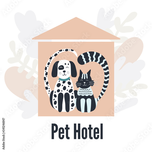 Pets hotel. Cat and dog. Silhouettes in the shape of a heart. Pink house. Leaves.