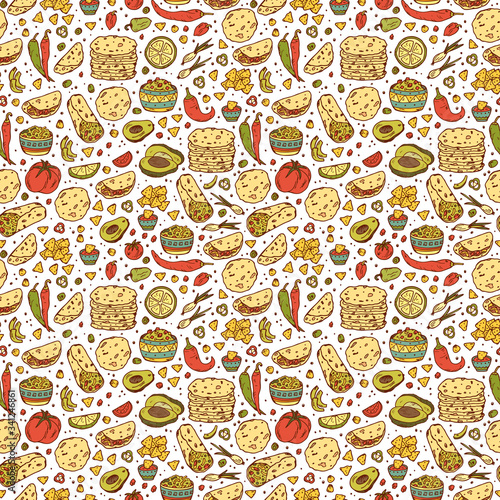 Mexican tradition Food Vector Seamless pattern. Hand drawn doodle corn tortilla, taco, burritos, guacamole, nachos corn chips, Vegetables
