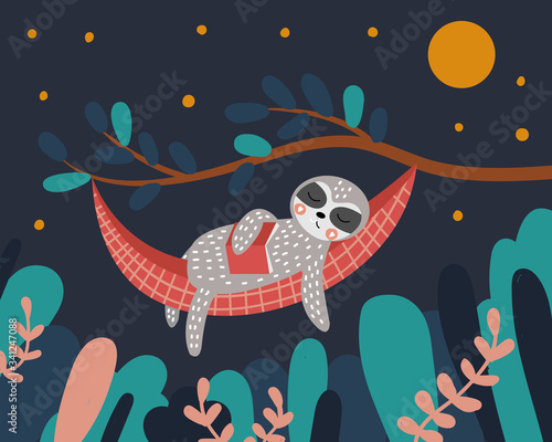 Cute sloth sleeps in a hammock with a book in his hands. Night in the forest. The tree and leaves.