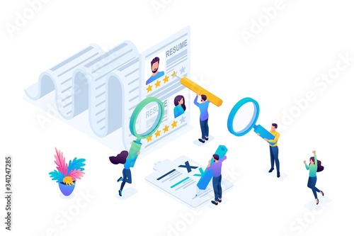 Isometric HR Manager, consideration of the summary, recruiting concept, bright color. Concept for web design