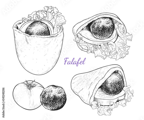 ..Pita with falafel and vegetables. A set of various sketches of falafel in pita.  Vector illustration of Middle Eastern cuisine..