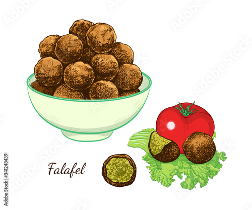 .Sketch of falafel. Falafel balls in a bowl, tomato and separate  balls on a leaf of lettuce. Vector color illustration of Middle Eastern cuisine.