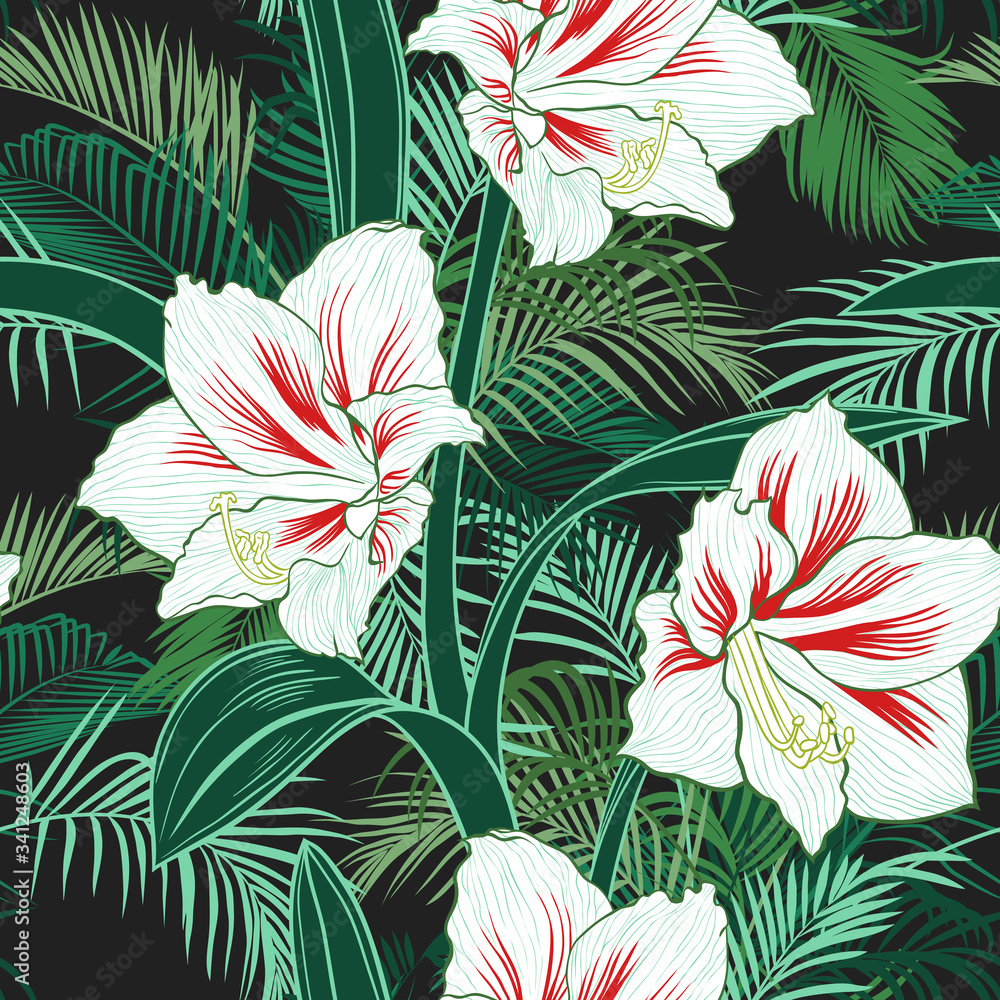 Fototapeta .Beautiful flowers of amaryllis on the background of tropical palm leaves. Vector hand drawn floral seamless pattern.