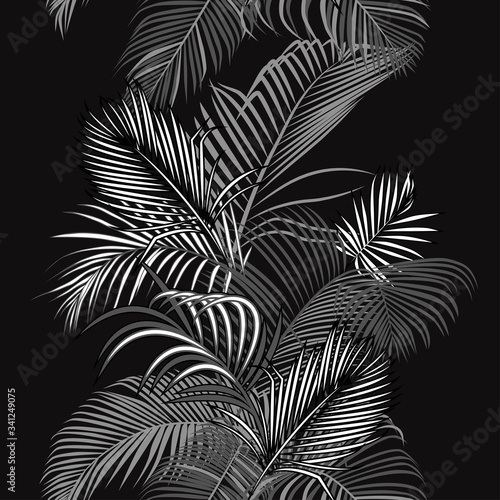 .Monochrome palm leaves. Exotic seamless pattern on a black background.. Hand drawn jungle texture. Vector illustration..