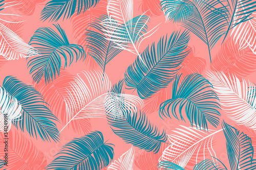 . Multicolored palm leaves..Exotic seamless pattern . Hand drawn jungle texture. Vector illustration.