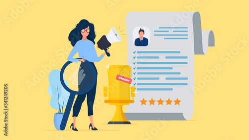 Girl with a shout and a magnifier. Golden office chair. Summary. Free place. The concept of finding people for work. Vector.