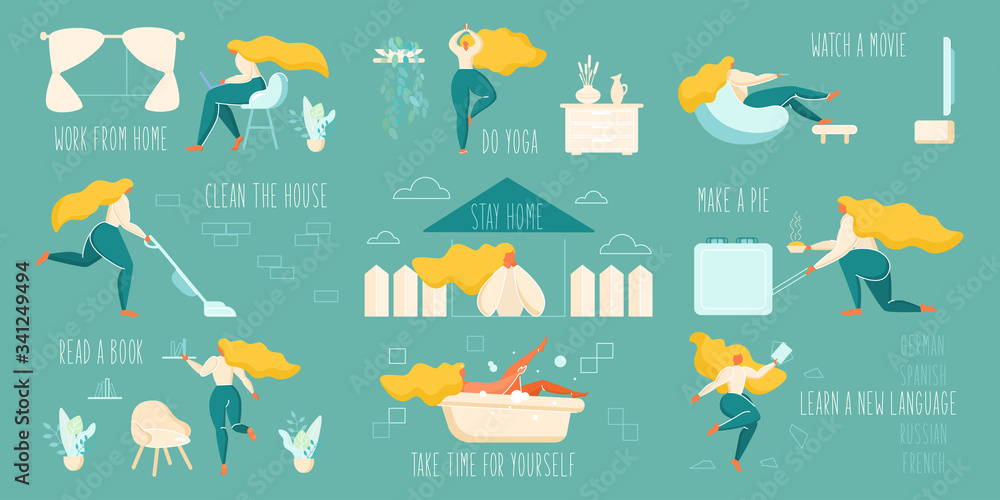Obraz premium Stay home flat vector illustration set - green
