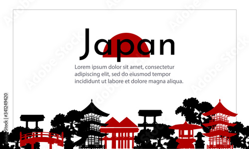 Japanese banner of traditional buildings. Vector black and white illustration. Banner for travel, invitations and advertising.